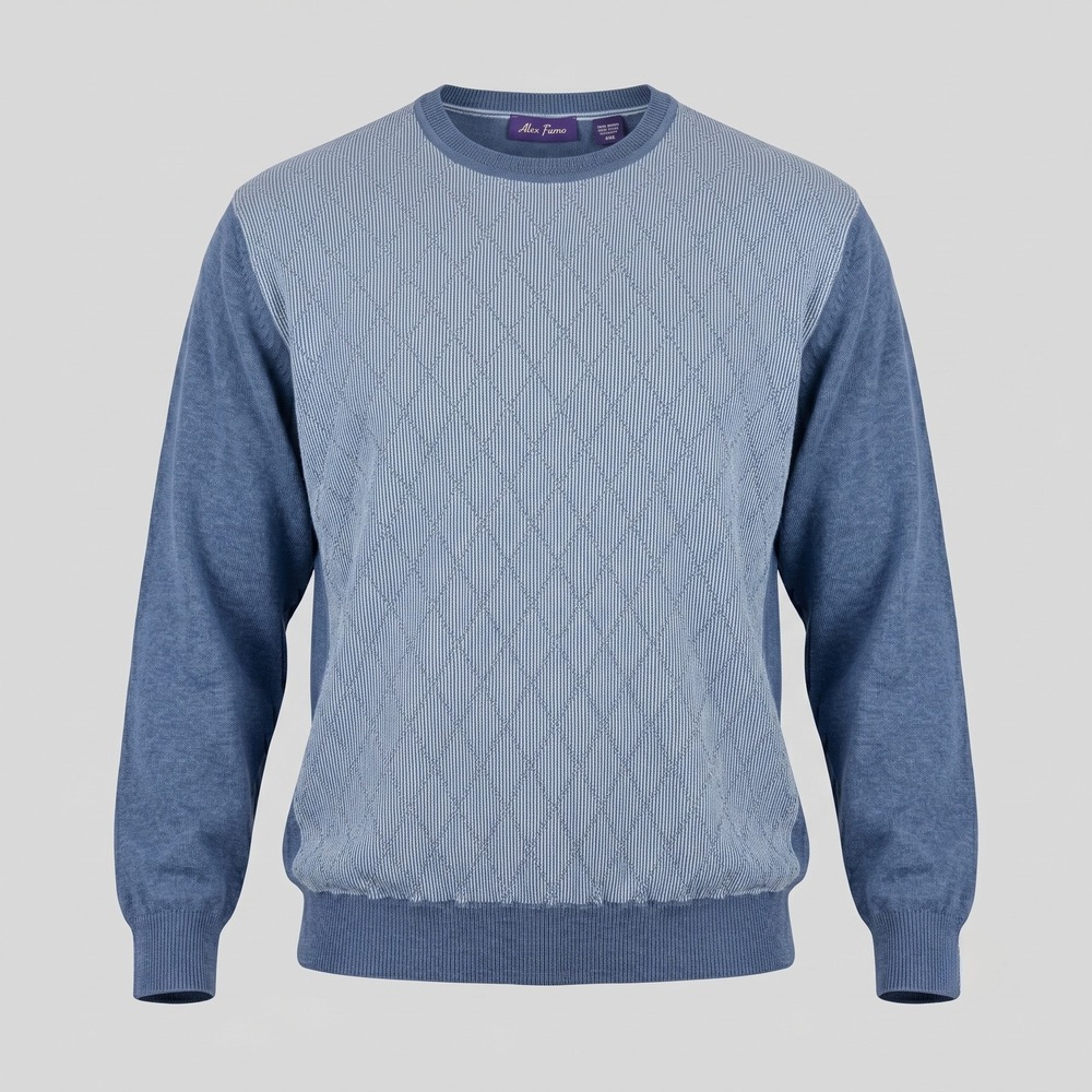 Alan Flusser Mens XXL Blue Sweater Crewneck Diamond Textured Knit 100% Cotton